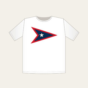 Navy Pennant with Cream Star T-Shirt in white: A three-point pennant in navy and red with one small cream star.