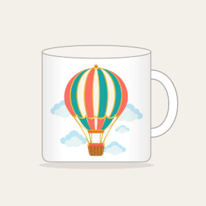 Striped Hot Air Balloon Mug in white: A hot air balloon with coral, teal and gold stripes drifts above small clouds, a tiny basket below.