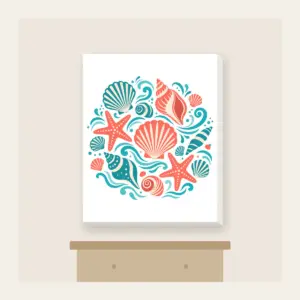 Shells, Starfish and Ripples Canvas Print in white: Seashells, starfish and gentle ripples drift across the pattern in coral, teal and cream.