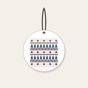 Alpine Star and Pine Border Bands Ceramic Ornament in white: Bands of stars and pine trees in cream, rust and navy, repeating like an alpine border.