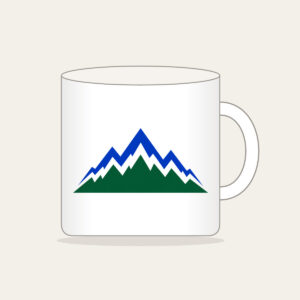 Cobalt Zigzag Mountain Peaks Mug in white: Zigzag mountain peaks in cobalt and white over a deep green base.