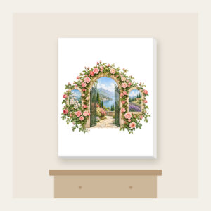 Rose Garden Gate Arch Canvas Print in white: An arched garden gate wrapped in blush and green climbing roses, with botanical and landscape scenes in its openings.