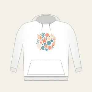Scattered Shells and Starfish on Sand Hoodie in white: Coral, cream and teal shells and starfish are tossed across a pale sand background.