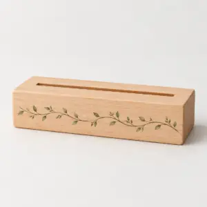 Slotted Wooden Plaque Base with a simple rectangular wooden base with a centered slot and a fine printed vine line along the front edge