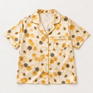 Satin Honeycomb Short-Sleeve Pajama Shirt with all-over honeycomb cells and tiny bees in honey gold, cream and charcoal