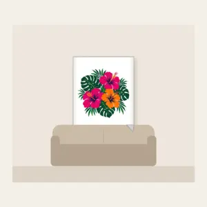 Hibiscus and Monstera Midnight Fleece Blanket in white: Magenta and orange hibiscus flowers with deep green monstera leaves on a navy base.
