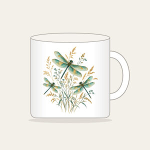 Dragonflies over Meadow Grasses Mug in white: Teal and gold dragonflies hover over fine meadow grasses.