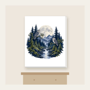 Moonlit Pine Forest with Owls Canvas Print in white: A moonlit forest of pines and owls in navy, silver and moss beneath a large pale moon.