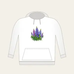 Wild Lupine Meadow Spires Hoodie in white: Tall wild lupine flowers in violet and blue with green leaves.