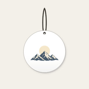 Moonrise over Three Peaks Ceramic Ornament in white: A round moon rises over three mountain peaks in cream and slate.