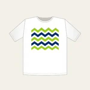 Lime and Navy Zigzag Bands T-Shirt in white: Bold zigzag bands in lime, white and navy sweep across the artwork.