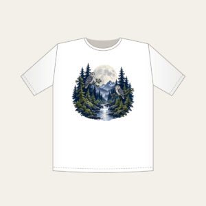 Moonlit Pine Forest with Owls T-Shirt in white: A moonlit forest of pines and owls in navy, silver and moss beneath a large pale moon.