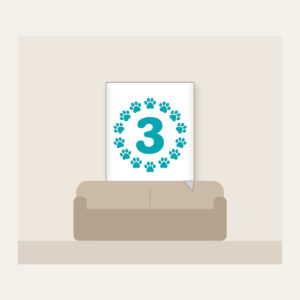 Teal Paw Circle with Number Three Fleece Blanket in white: A ring of small white paw marks on teal circling the number “3”.