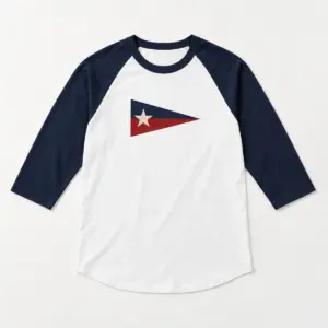 Pennant Day Baseball Tee with compact chest print of a three-point pennant in navy and red with one small cream star