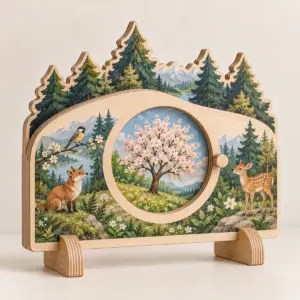 Seasonal Tree Rotating Wood Sign showing a spring tree through its viewing window