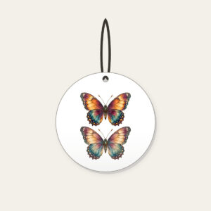 Amber Plum Watercolor Butterfly Ceramic Ornament in white: A butterfly with watercolor-style wings in amber, plum and teal, traced with delicate vein linework.