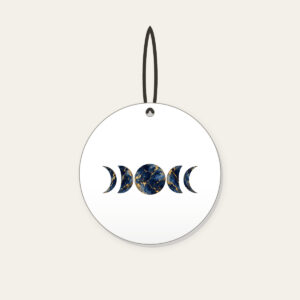 Gold-Veined Navy Marble with Moon Phases Ceramic Ornament in white: A marbled navy field with gold veining and a row of five moon phases in the center.
