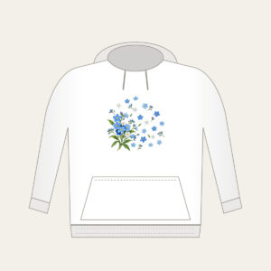 Forget-Me-Not Scatter Hoodie in white: Small forget-me-not flowers in blue and white drift across the space, with a larger sprig in one corner.