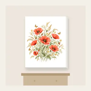 Poppies, Grasses and Tiny Butterflies Canvas Print in white: All-over poppies, grasses and tiny butterflies in coral, gold and green on cream.