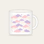 Lilac Cloud Rows Mug in white: Rows of clouds in lilac, blush and cream with small stars between.