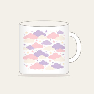 Lilac Cloud Rows Mug in white: Rows of clouds in lilac, blush and cream with small stars between.