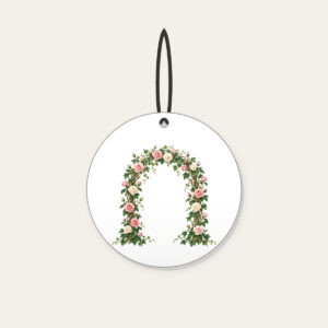 Rose and Ivy Garden Arch Ceramic Ornament in white: An arch of climbing roses and ivy in blush, deep green and cream, leaving generous open space in the middle.