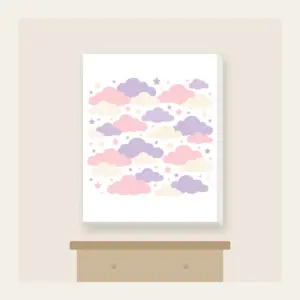 Lilac Cloud Rows Canvas Print in white: Rows of clouds in lilac, blush and cream with small stars between.