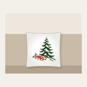 Red Sled on a Snowy Hill Pillow in white: A small red sled on a snowy hill beside a tall pine in cream, red and green.