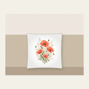 Poppies and Fine Grasses Illustration Pillow in white: Poppies and fine grasses drawn in coral and olive on a cream ground.