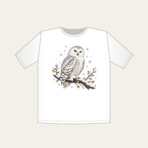 Snowy Owl in Snowfall T-Shirt in white: A snowy owl on a branch in white, slate and amber with falling snowflakes.
