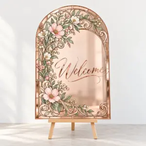 Wildflower Garland Welcome Sign with script word "Welcome" in rose gold mirror lettering with a wildflower garland in blush and sage curling into one corner