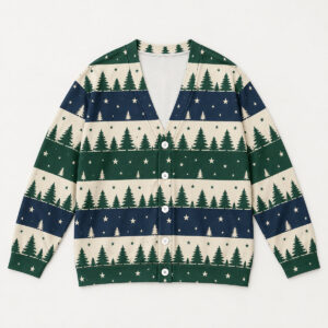 Knit Pine Border Cardigan with White Buttons with all-over fair-isle bands of pines and stars in cream, forest green and navy