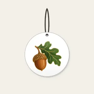 Gold-Outlined Acorn and Oak Leaf Ceramic Ornament in white: A single acorn with an oak leaf in warm brown and green with a thin gold outline.