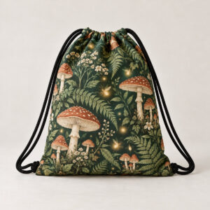 Mushroom Forest Drawstring Bag with all-over print of toadstools, ferns and fireflies in rust and cream on deep green
