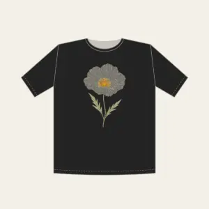 Single Line-Art Poppy T-Shirt in black: A cream line-art poppy with two thin leaves and a small ochre center.