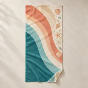 Rainbow Tide Beach Towel with large rainbow-curve stripes in teal, coral and sand with small shells scattered along one edge