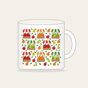 Fruit Crates and Striped Awnings Mug in white: Crates of apples, oranges and pears under striped awnings in red, orange and green on cream, balanced for little ones.