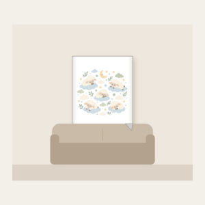 Sleepy Sheep and Clouds Fleece Blanket in white: Small clouds and sleeping sheep in cream, pale blue and sage on a light field.