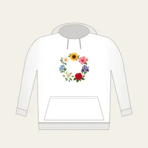 Weekly Seven Flower Border Hoodie in white: A border of seven small, different flowers, one for each day, surrounds an open centre.