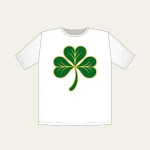 Gold-Edged Clover Leaf T-Shirt in white: A flat clover leaf in green and gold sits inside a thin border line.
