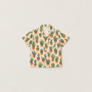 Cactus Garden Youth Camp Shirt with all-over potted cacti in terracotta and green on cream