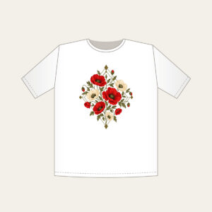 Poppy Diamond Garden T-Shirt in white: Diamond lines hold scattered poppies in red, cream and olive.