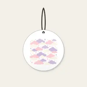 Lilac Cloud Rows Ceramic Ornament in white: Rows of clouds in lilac, blush and cream with small stars between.