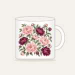 Peony Lace Garden Mug in white: Peony blooms and leaves in blush, plum and sage on cream with a lace-look border.