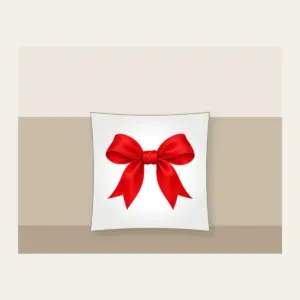 Single Red Ribbon Bow Pillow in white: One plain red ribbon bow, with no other artwork.
