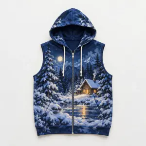 Winter Cabin Sleeveless Zip Hoodie with all-over snowy cabin among pines with a warm amber window on deep blue