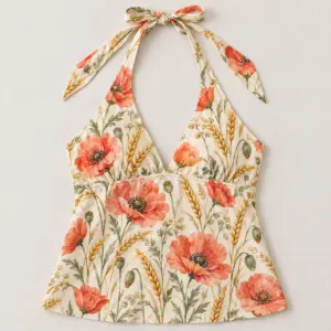Tie-back halter tank printed with watercolour poppies and wheat on cream