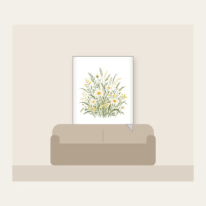 Meadow Grass and Daisy Field Fleece Blanket in white: A flat meadow of swaying grasses and small daisies in sage, cream and butter yellow.