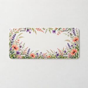 Roadside Wildflower License Plate Cover with a border of wildflowers and grasses in coral, violet and green along the edges with an open center