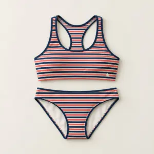 Sporty Stripe Tank Bikini with all-over narrow stripes in navy, coral and cream with a tiny star near the hem